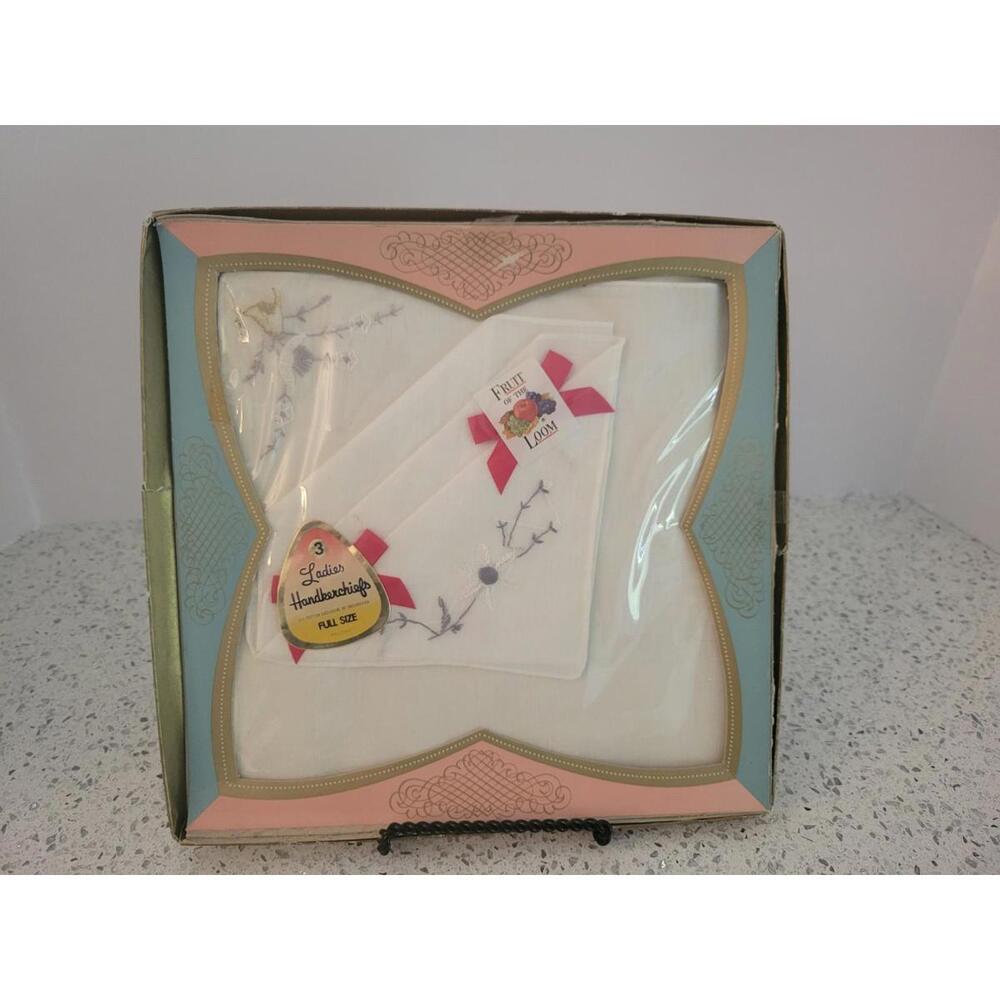 Vintage Ladies Handkerchiefs Fruit of the Loom Cotton Full Size Set Of 3
